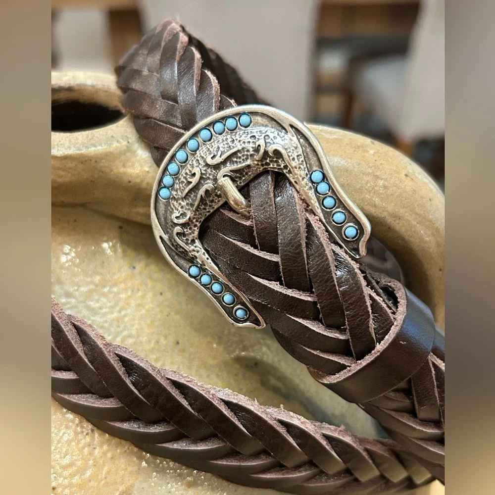 Western Italian Brown Braided Leather Belt with Silver Buckle(Unisex)